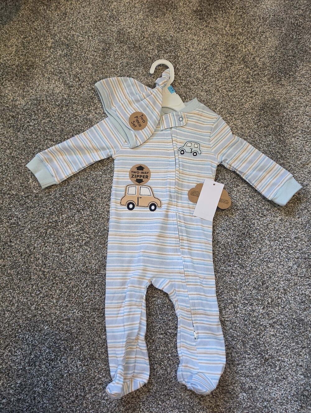 Striped Blue & Cream Baby One-Piece with Car Appliqué